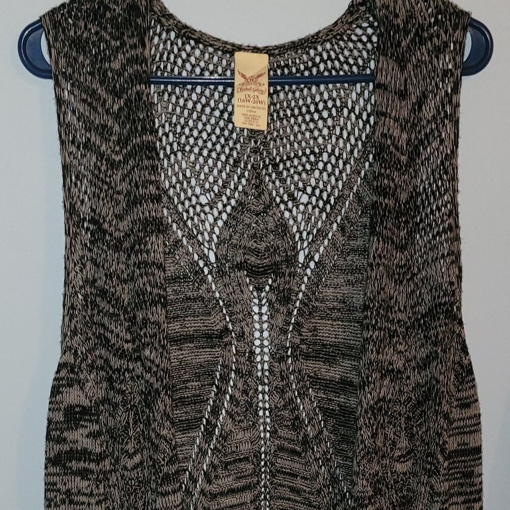 Faded Glory Long Maxi Fringed Gray Sleeveless Sweater Vest Jacket Women's 1x-2x